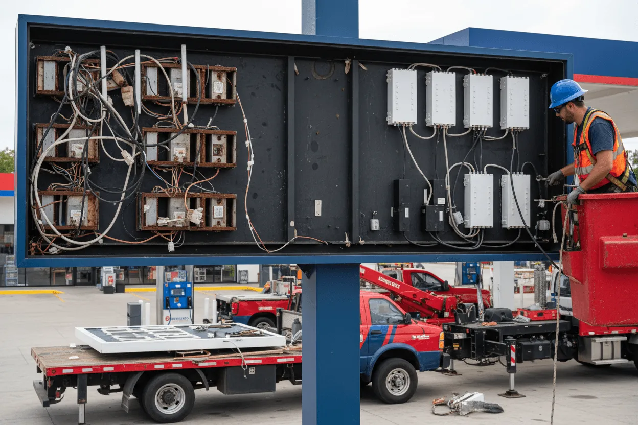 Sign maintenance services in Indianapolis, IN professional technician completing digital inspection checklist on tablet