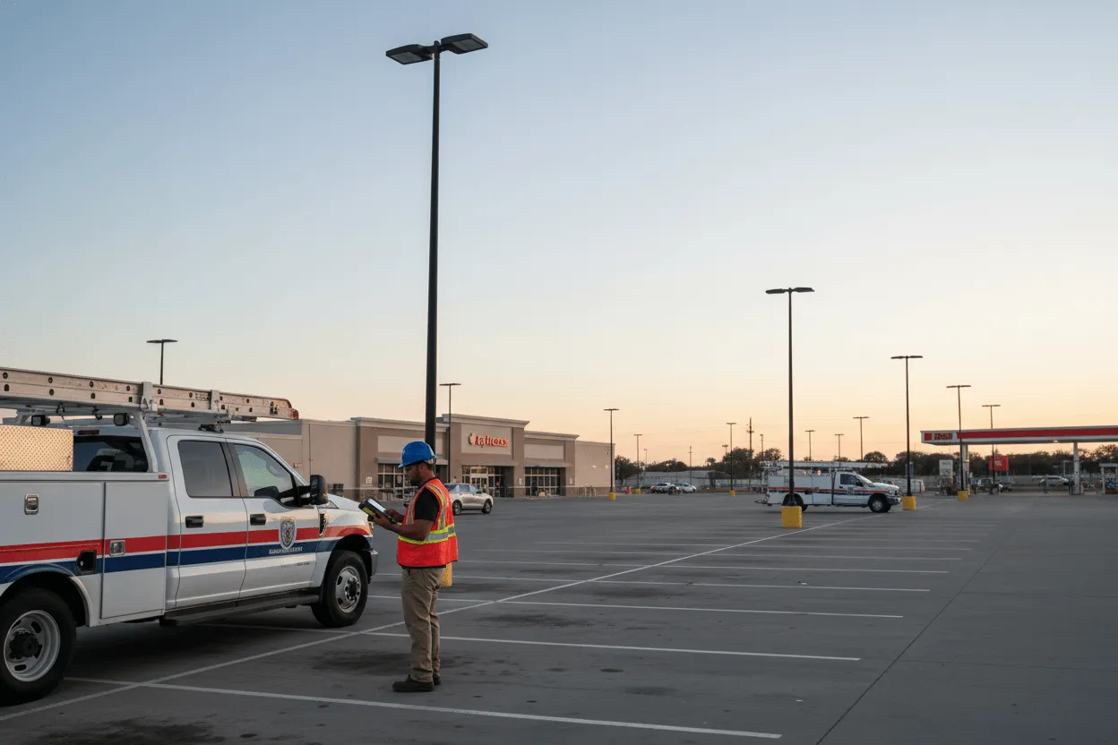 Commercial lighting repair technician installing LED retrofit at gas station canopy