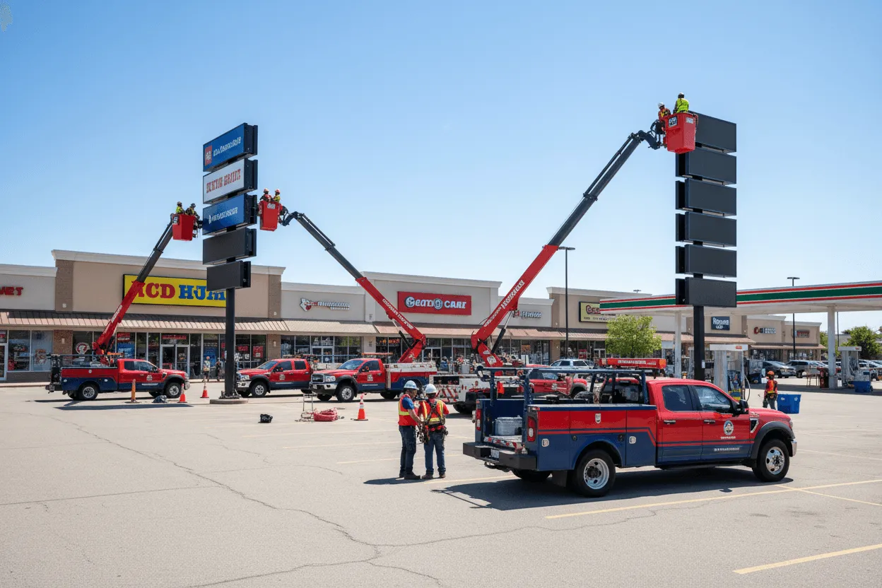Signage installation services in Indianapolis, IN fleet trucks demonstrating regional partner capacity for national