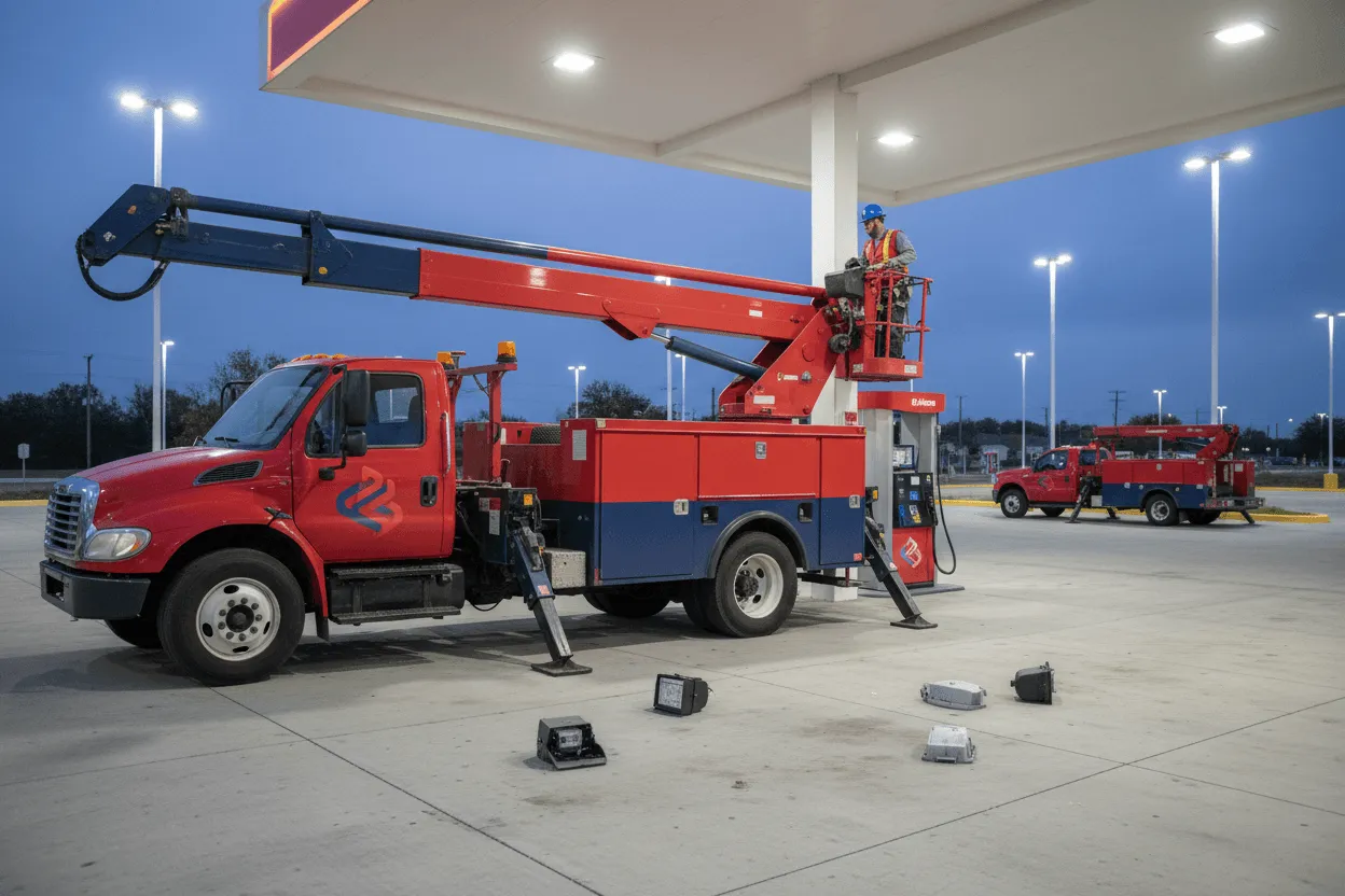Commercial lighting repair technician documenting parking lot lighting failures