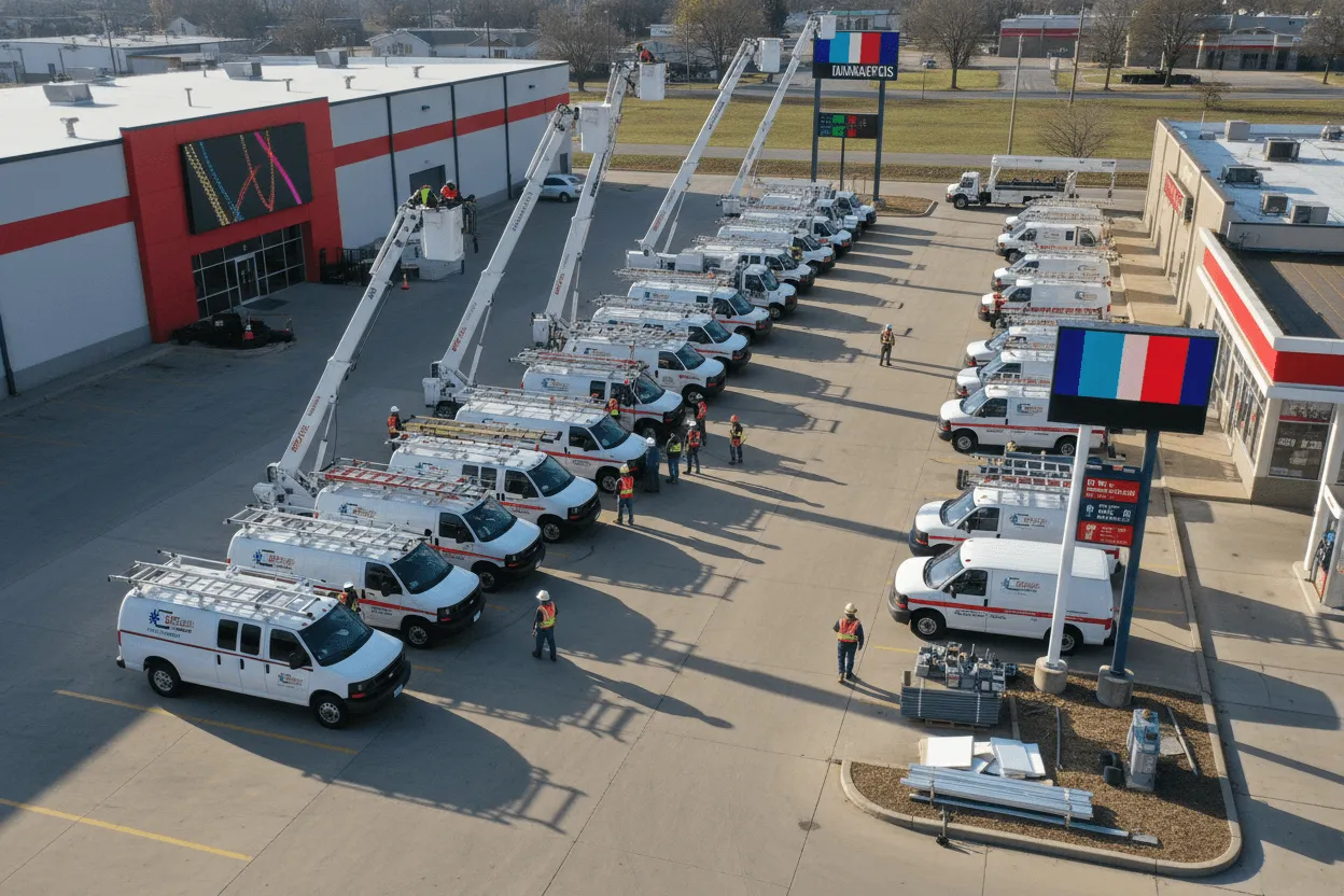 Sign company Indianapolis technician documenting installation project progress with digital tablet