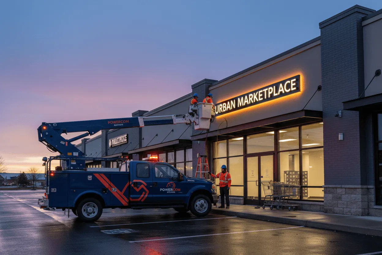 Lighting signage installation Carmel IN gas station canopy LED fixtures and parking lot lighting system