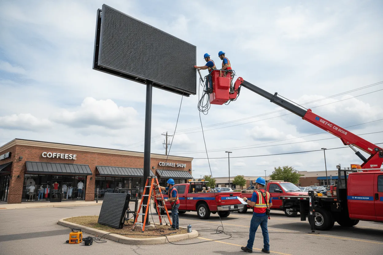 Outdoor monochrome LED sign installation in Indianapolis, IN maintenance technician servicing message center display
