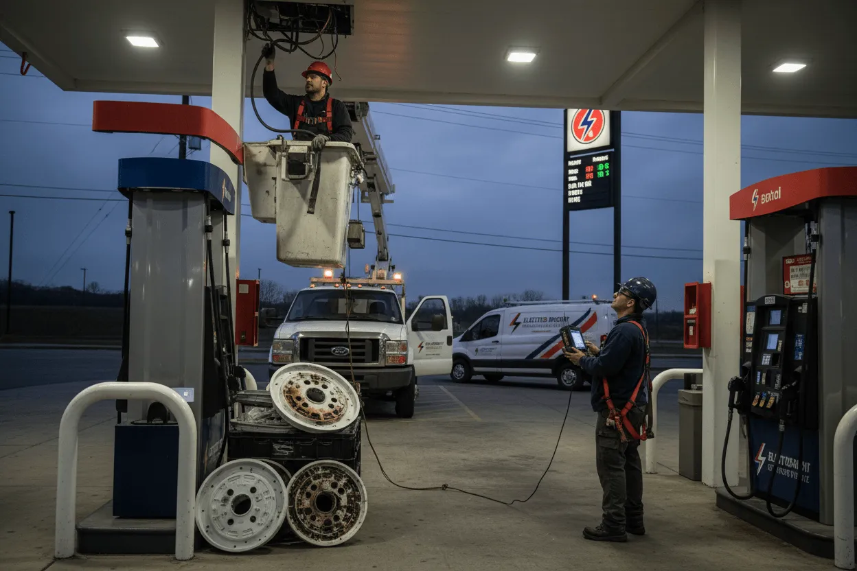 Commercial lighting repair technician servicing gas station canopy LED fixtures from bucket truck