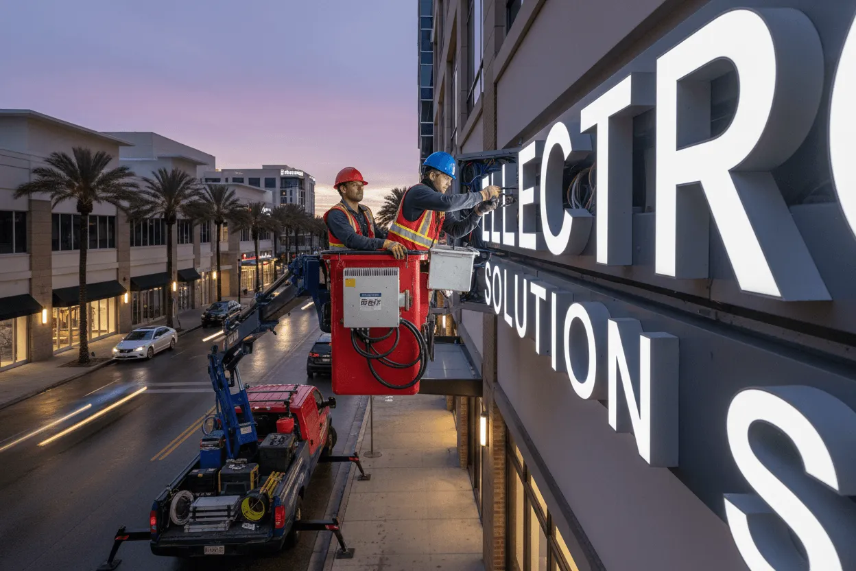 Lighting signage installation Carmel IN Midwest Signs team completing commercial storefront project
