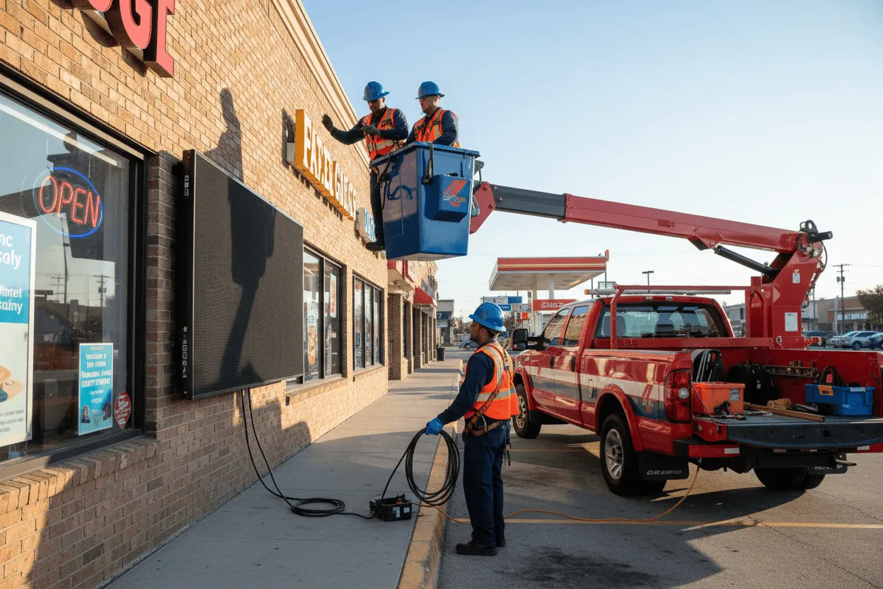 Outdoor monochrome LED sign installation in Indianapolis, IN commercial district showing permit compliant signage