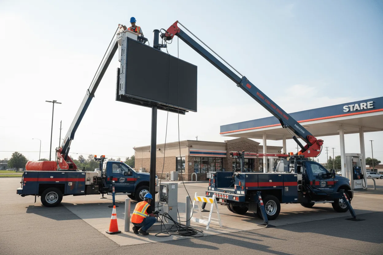 Outdoor monochrome LED sign installation in Indianapolis, IN commercial building with professional bucket truck service