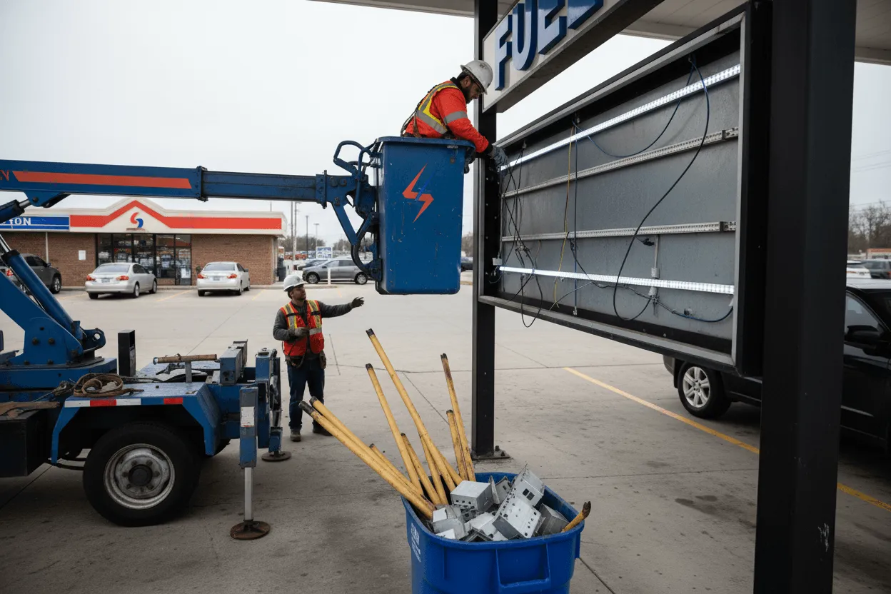 Led sign retrofitting installation in Indianapolis, IN gas station canopy LED upgrade project by Midwest Signs team