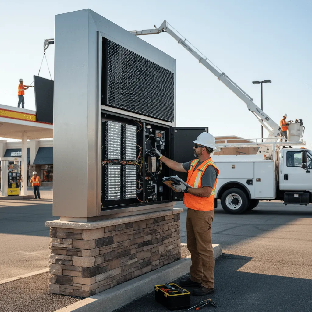 sign maintenance - technician conducting pre-season commercial sign inspection checklist