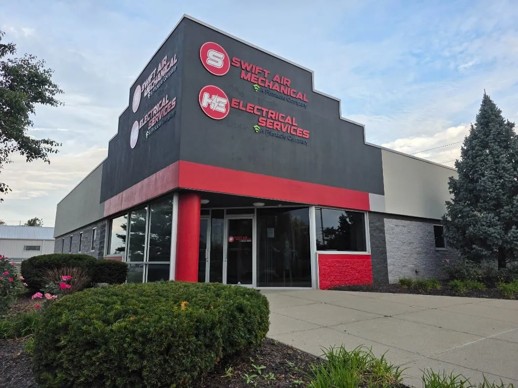 Swift Air Mechanical exterior signage on shared Indianapolis-area building