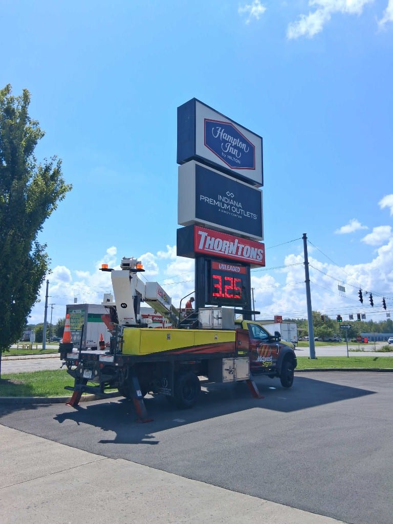 Thorntons travel plaza pylon sign service near Indiana Premium Outlets