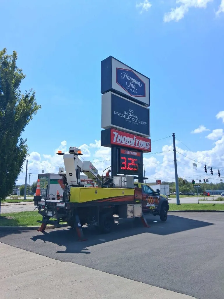 Thorntons travel plaza pylon sign service near Indiana Premium Outlets